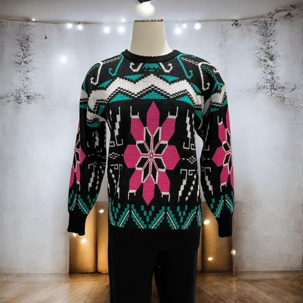 Etirel Vintage Ski Sweater Womens S‎ Black Pink Green Snowflake Retro 80s Wool